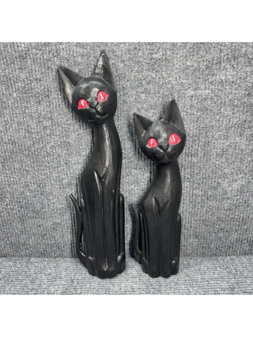 Set of 2 Vintage Black Cat Statues Wood Red Eyes Tall & Small Figures Halloween
